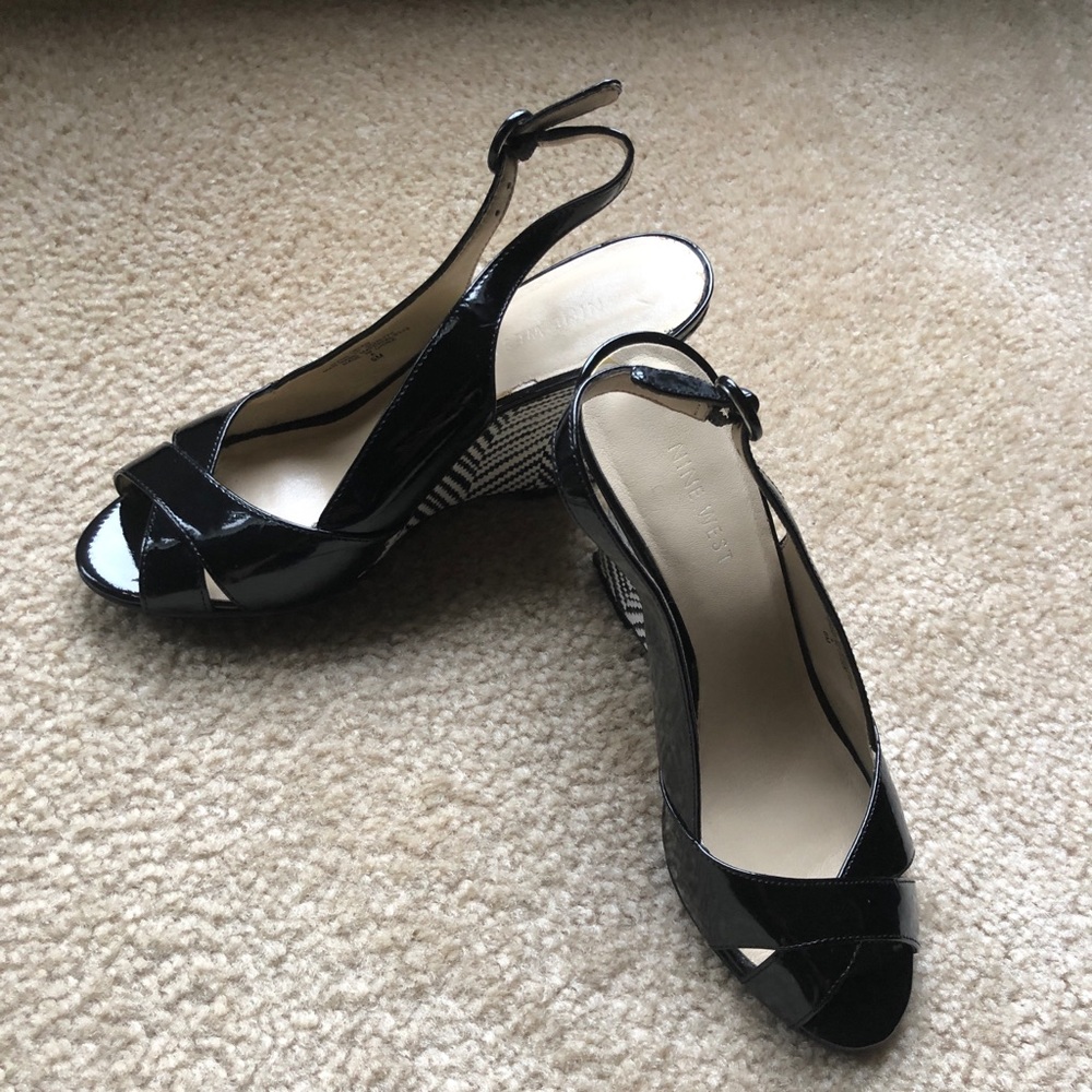 Nine West Black Patent Leather Peep Toe Wedges